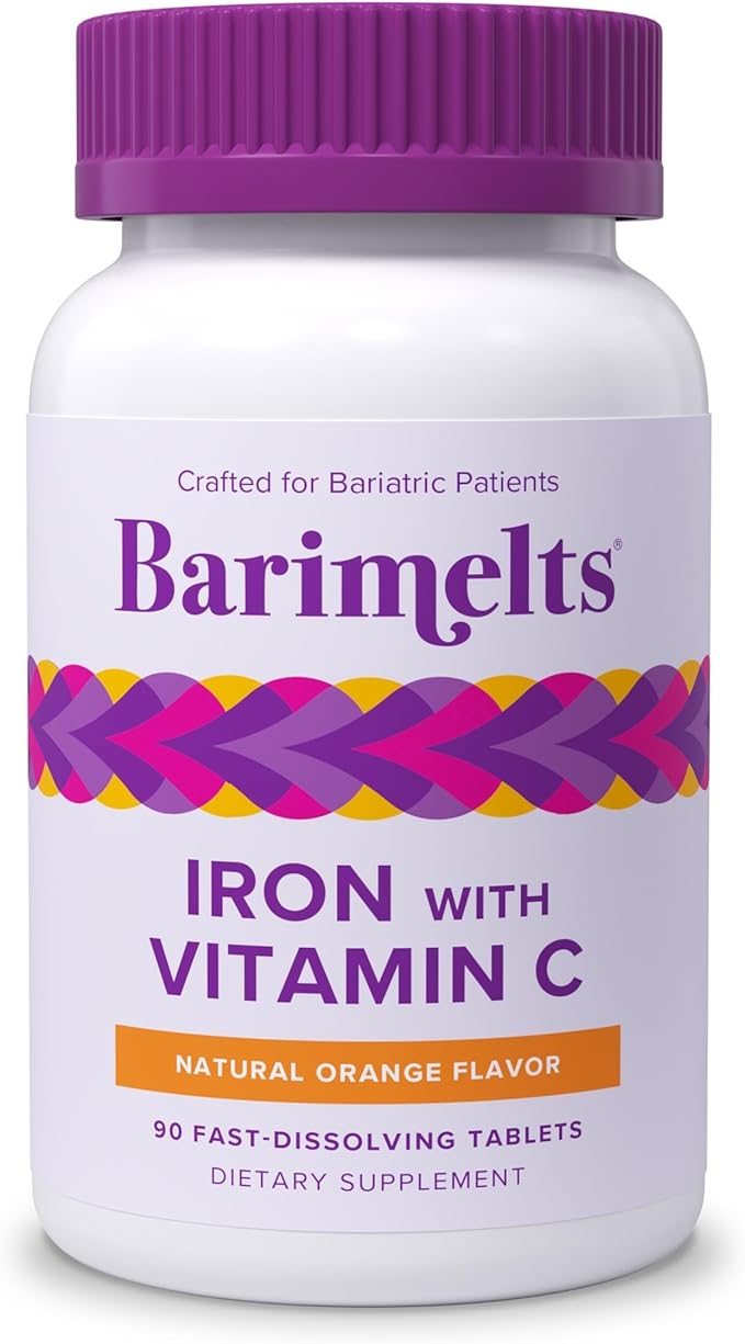 Barimelts Iron with Vitamin C 90 Fast-Dissolving Tablets (1-Month Supply) Sugar-Free Bariatric Iron Supplement for Women Natural Orange Flavor
