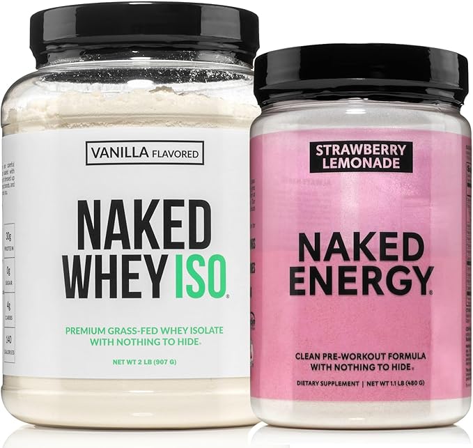 NAKED Vanilla Whey Isolate Protein Powder (24 Servings) Strawberry Lemonade Energy Pre Workout (30 Servings) – Grass-Fed Non-GMO Gluten Free Soy Free Vegan Friendly