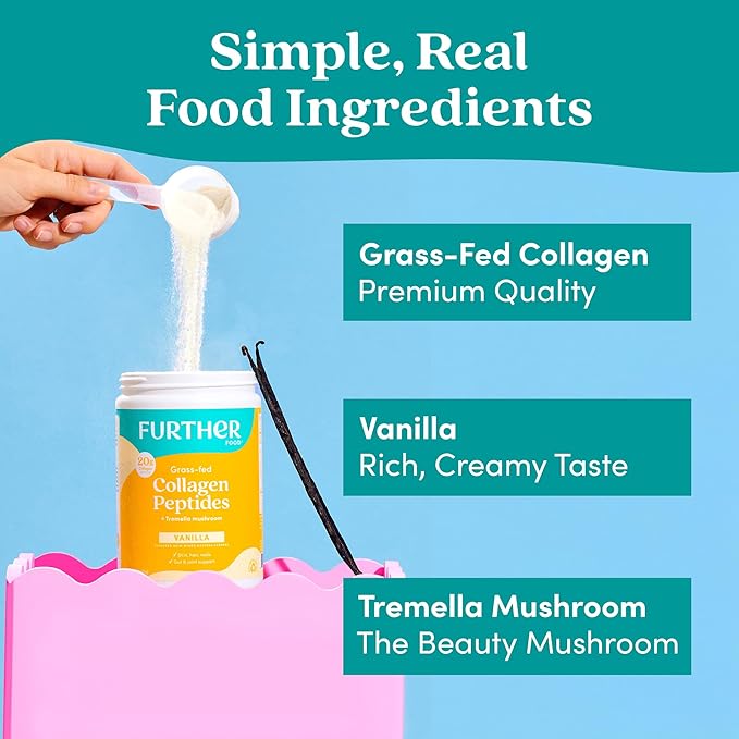 Further Food Vanilla Collagen Peptides Powder with Tremella Mushroom – 100% Grass-Fed Hydrolyzed Type 1 &amp 3 20g of Collagen per Serving Supports Skin Hair Nails &amp Joints 22.22 Oz