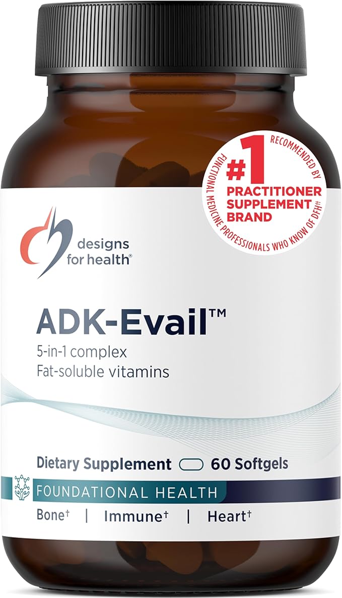 Designs for Health ADK Evail - 5000 IU VIT D3 with Vitamins A E (Annatto Gamma Delta Tocotrienols) K (K1 + K2) - Fat Soluble Vitamin D Complex - Bone + Immune Support - Non-GMO (60 Softgels)