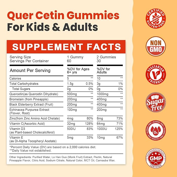 Sugar Free Quercetin with Bromelain Gummies for Kids &amp Adult - Immune Antioxidant Seasonal Support 1000mg Quercetin Supplements with Bromelain Zinc Elderberry Vitamin C D3 E Vegan 60 Count
