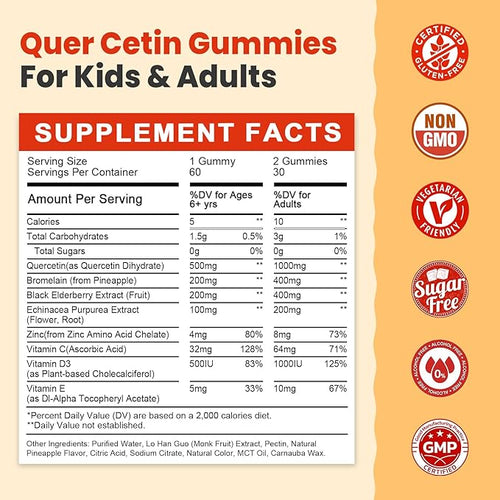 (2 Pack) Sugar Free Quercetin with Bromelain Gummies for Kids &amp Adult - Immune Antioxidant Seasonal Support 1000mg Quercetin Supplements with Bromelain Zinc Elderberry Vitamin C D3 E 120 Co