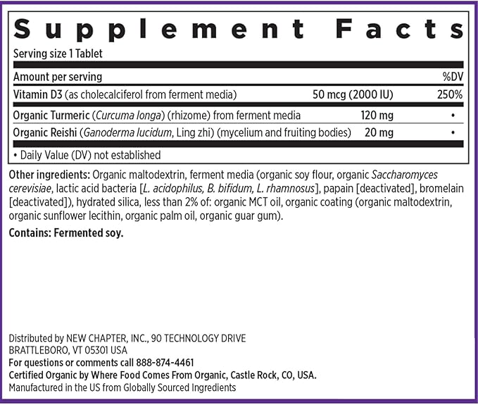New Chapter Fermented Vitamin D3 2000 IU Organic ONE Daily for Immune Heart &amp Bone Support + Whole-Food Turmeric Adaptogenic Reishi Mushroom 100% Vegetarian Gluten Free 60 Count