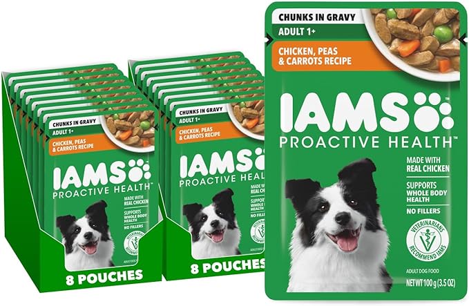 IAMS Proactive Health Adult Wet Dog Food Chicken Peas and Carrots Recipe 3.5 oz. Pouch (16 Count Pack of 1)