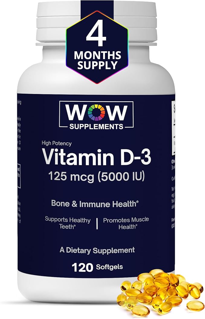 WOW Supplements Vitamin D3 5000 IU Softgels 125 mcg - Vitamin D3 5000IU Supplement for Strong Bones and Immune Support - Non-GMO Gluten Free Vitamin D 5000 IU - VIT D3 5000 IU Softgels - 120 Count