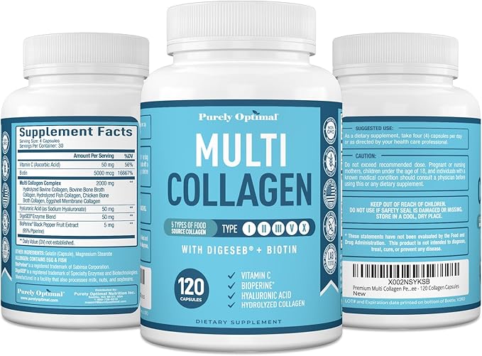 Premium Multi Collagen Peptides (Types I II II V X) - Collagen Pills for Skin Care Hair Growth Nails &amp Joints - Vitamin C Hyaluronic Acid Biotin Gluten Free - 120 Collagen Capsules