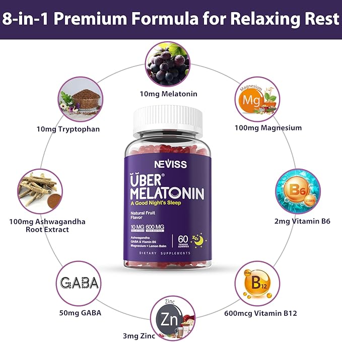 Melatonin Gummies 10mg 20mg for Adults Melatonin 10 mg per Gummy with Ashwagandha Magnesium Glycinate GABA L-theanine Valerian Root and Lemon Balm Rest Support Supplement Grape Flavor 60 Cts