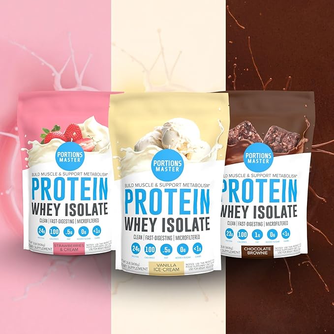 Portions Master CFM Whey Isolate Protein Powder Neapolitan Bundle Chocolate Brownie Vanilla Ice Cream &amp Strawberries and Cream (3 Flavor Pack)