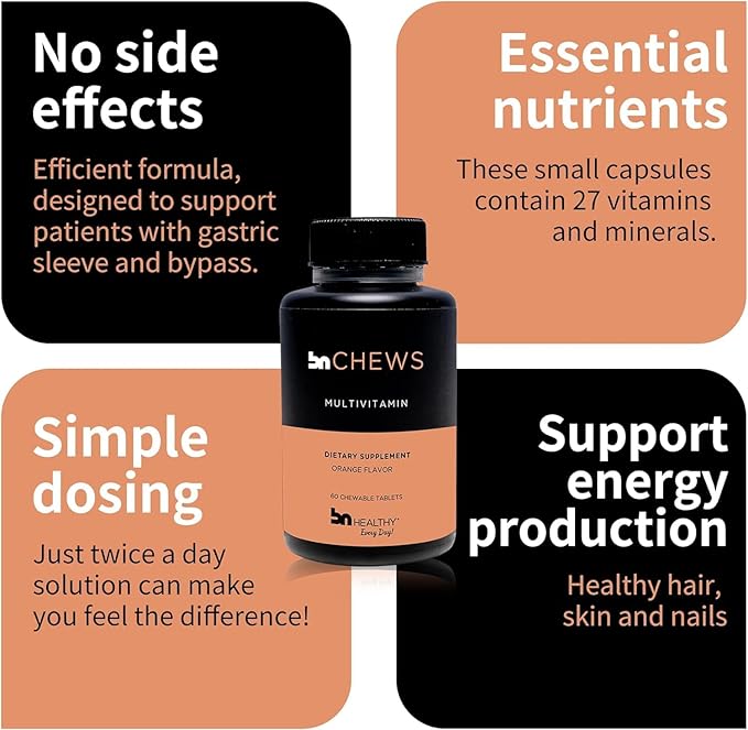 BNHealthy Chewable 2 Pack Bariatric Multivitamin with Iron Vitamin B12 Delicious Orange Flavor – 120 Ct – 60-120 Day Supply.
