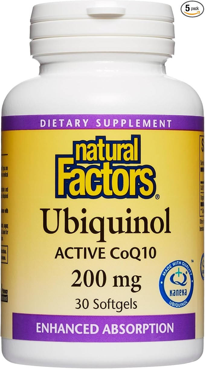 Natural Factors Ubiquinol 200 mg - Supports Heart Health &amp Natural Vitality - Antioxidant Support Supplement with Superior Absorption - Energy Support with Flaxseed Oil - 30 Softgels (30 Servings)