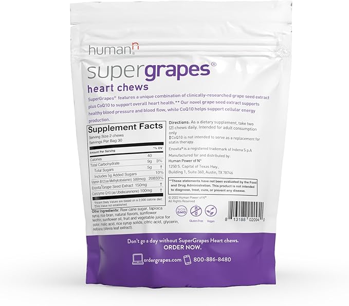 HumanN SuperGrapes Chews Supplement – 100mg CoQ10 and Grape Seed Extract – from The Makers of SuperBeets - Grape Flavor 60 Count