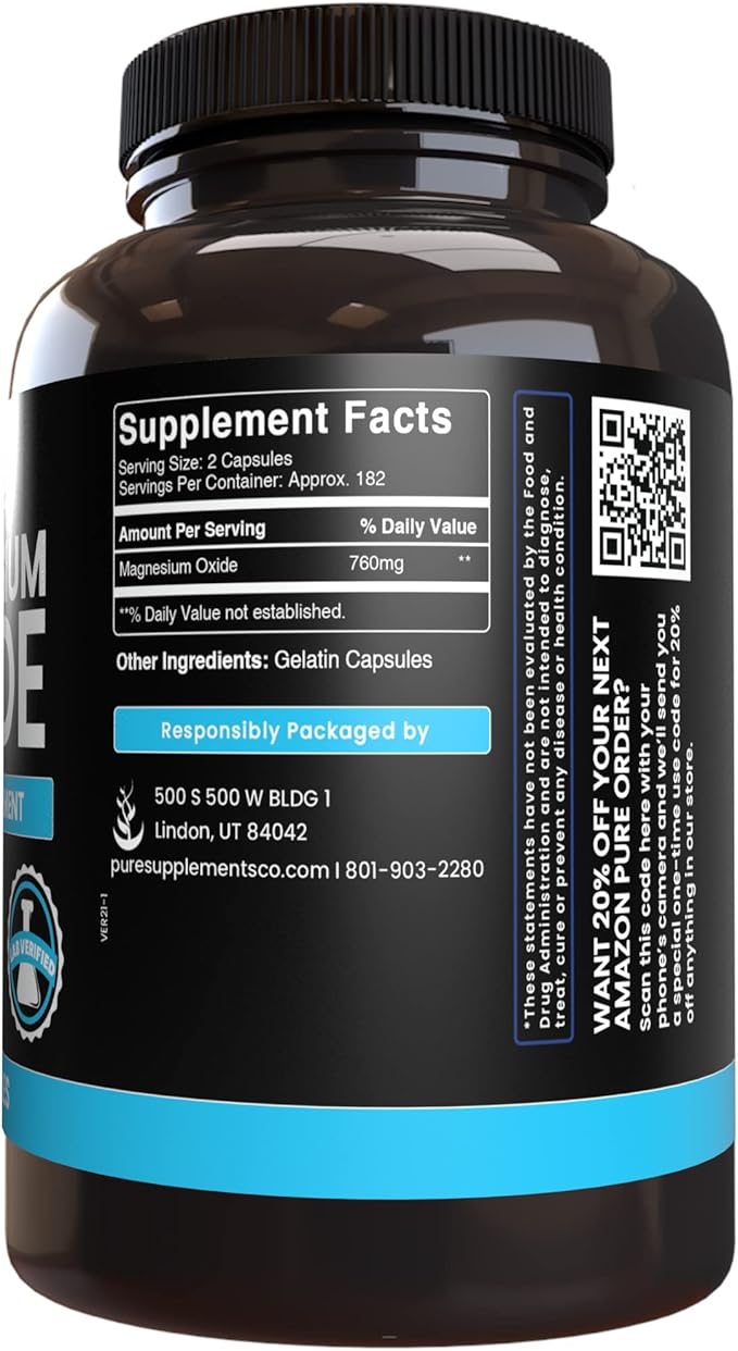 Pure Original Ingredients Calcium Carbonate and Magnesium Oxide Bundle 365 Capsules Each No Fillers Alwasy Pure