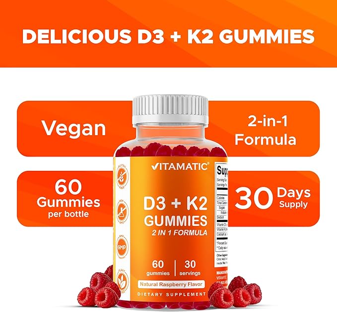 Vitamatic Vitamin D3 &amp K2 Gummies (2-Pack 60 Count) Supports Healthy Bones Heart Health Calcium Absorption and Immune Function Plant-Based Non-GMO Gluten-Free