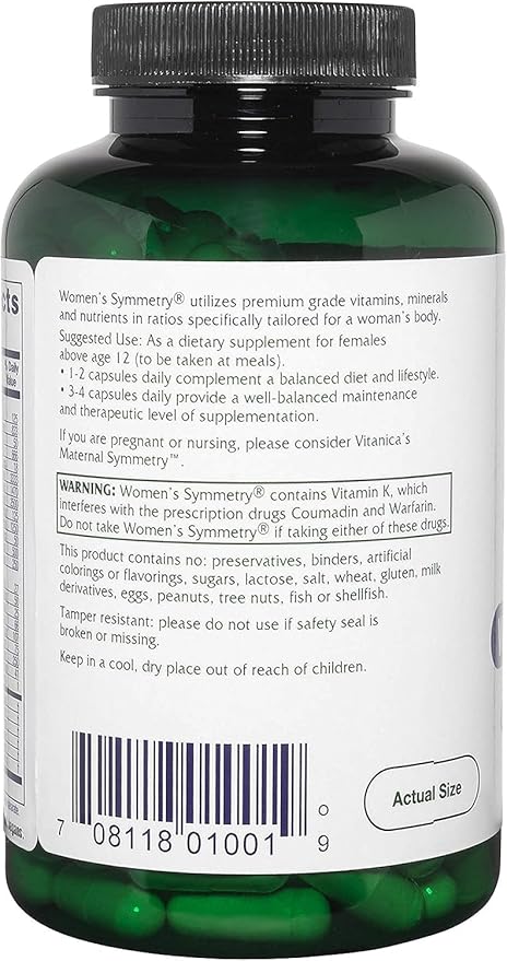 Vitanica Women's Symmetry High Potency Daily Multivitamin Vegan/Vegetarian 180 Capsules