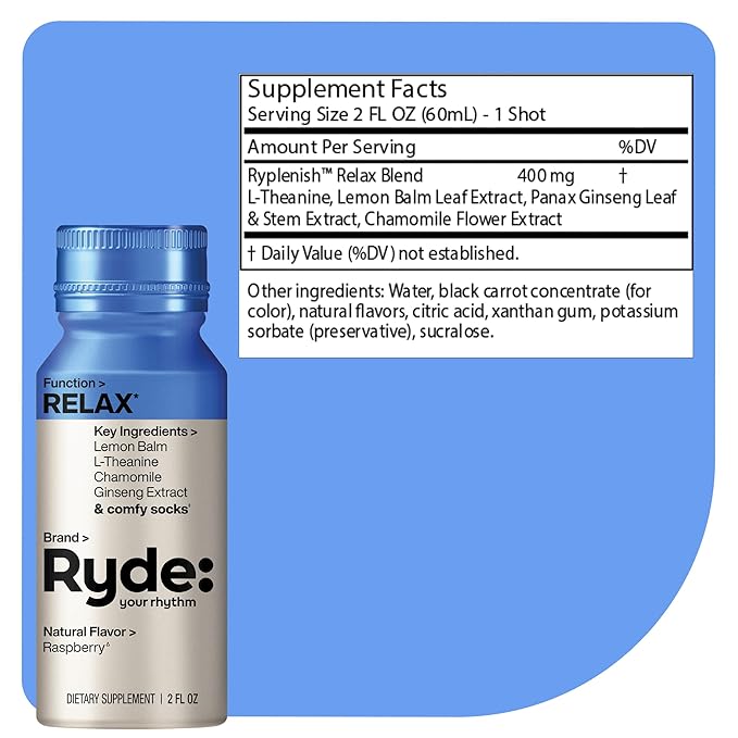 Ryde: Relax Shot | Raspberry Flavor | Lemon Balm L-Theanine Ginseng &amp Chamomile | 0 Calories 0 Sugar | 2 FL OZ Shots | Helps You Relax* (8 Pack)