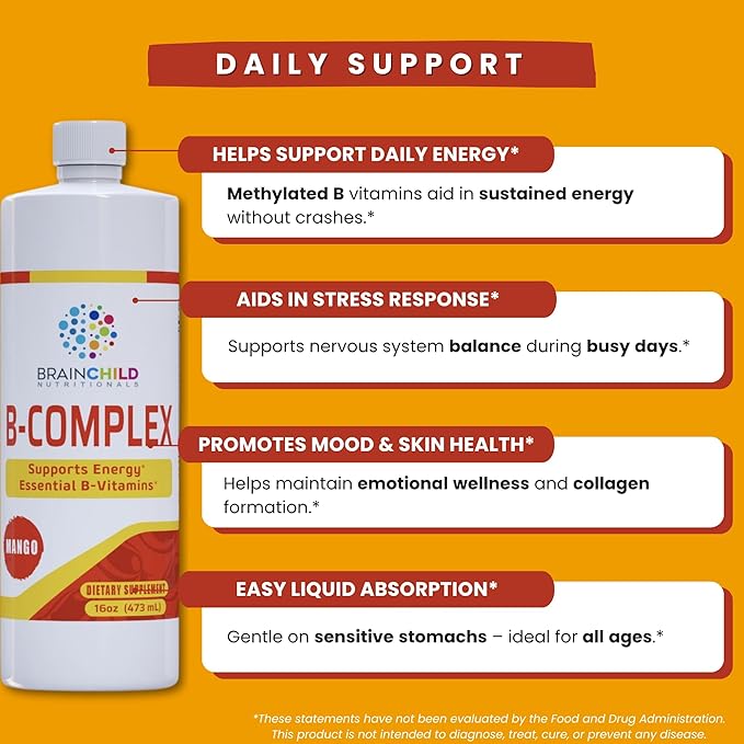 BrainChild B-Complex Liquid - High-Potency Methylated B Vitamins for Energy Stress &amp Mood Non-GMO Vegan Gluten-Free Mango - 32oz
