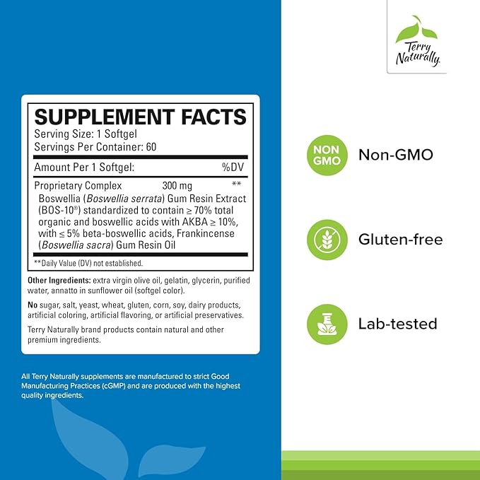 Terry Naturally Boswellia Plus Frankincense Oil - Joint Support Supplement to Support Mobility &amp Joint Comfort - Support Cellular Health with Boswellia &amp Frankincense Oil - 60 Softgels