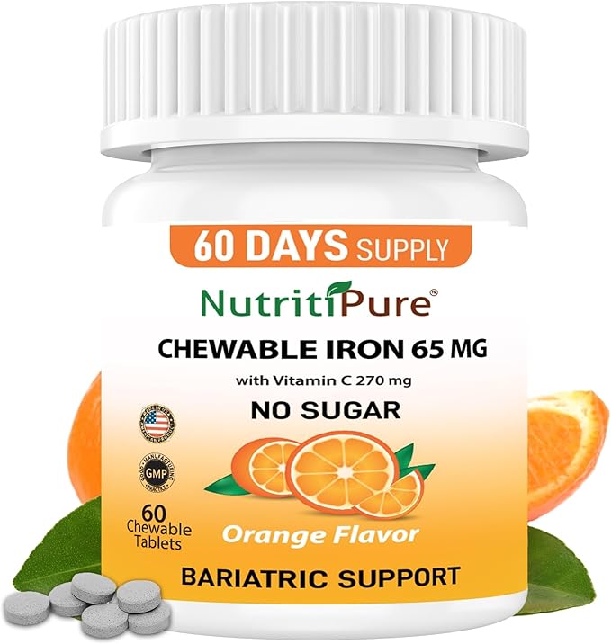 Chewable Carbonyl Iron 65mg Tablets with 270mg Vitamin C – Gentle Non-Constipating Iron Supplement for Women &amp Men – Bariatric Friendly – Sugar Free – 60 Count (60 Day Supply)
