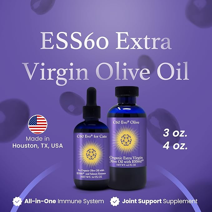 C60 Evo Cat Lover Set 2 Bottles of Pure ESS60 in Extra Virgin Olive Oil 1 for Humans and 1 for Felines Cat Supplements Infused with Natural Salmon Essence Must-Have Pet Supplies and Cat Products