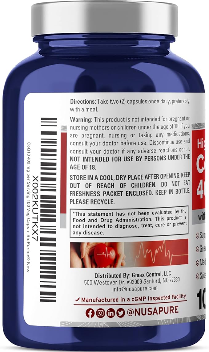 NusaPure CoQ10 400mg 100 Veggie Caps (Vegan Non-GMO) Coenzyme Q10 Supplement Antioxidant COQ-10 Enzyme Coq 10