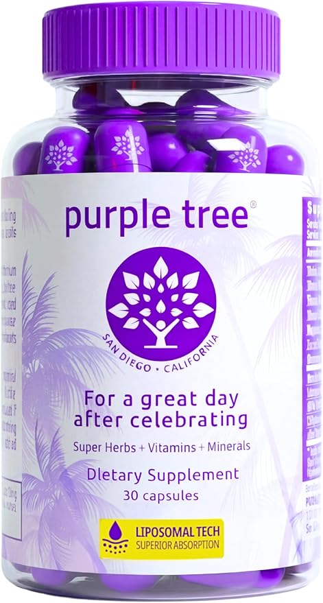 purple tree Post-Celebration Wellness Supplement for Liver Support &amp Hydration | Liposomal Dihydromyricetin (DHM) L-Glutathione Milk Thistle B Vitamins Minerals Willow Bark | 30 Capsules