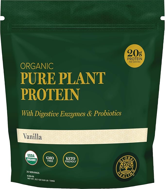 Global Healing Organic Plant Vanilla Protein Powder for Men and Women 20g - Dairy Free Protein Powder with Digestive Enzymes &amp Probiotics to Support Gut Health (1.6 Lbs)