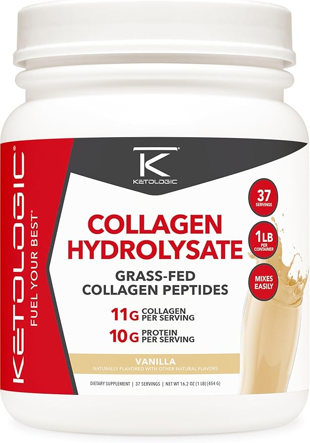 Ketologic Grass Fed Collagen Hydrolysate Powder (Vanilla) (1 LB) - 37 Servings 11 G Collagen Per Serving 10 G Protein Per Serving - Grass-fed Collagen Peptides