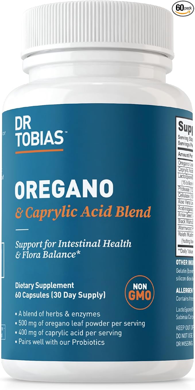 Dr. Tobias Oregano and Caprylic Acid Blend Gut Flora Balance Complex with Probiotics &amp Enzymes for Intestinal and Immune Support Gut Health Supplements for Women &amp Men 60 Capsules 30 Servi