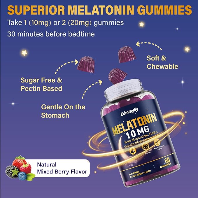 Melatonin 10mg 20mg Gummies for Adults - 10mg of Melatonin Per Gummy with Magnesium L-Theanine GABA Vitamin B6 &amp Ashwagandha - Supports Health Circadian Rhythm Sugar Free &amp Vegan