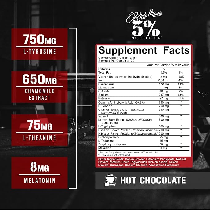 5% Nutrition Rich Piana Knocked Out Natural Sleep Aid | Post-Workout Recovery &amp Deep Sleep Supplement | GABA Melatonin Chamomile Tyrosine 5-HTP &amp More | 8.4 oz 30 Servings (Hot Chocolate