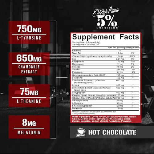 5% Nutrition Rich Piana Knocked Out Natural Sleep Aid | Post-Workout Recovery &amp Deep Sleep Supplement | GABA Melatonin Chamomile Tyrosine 5-HTP &amp More | 8.4 oz 30 Servings (Hot Chocolate