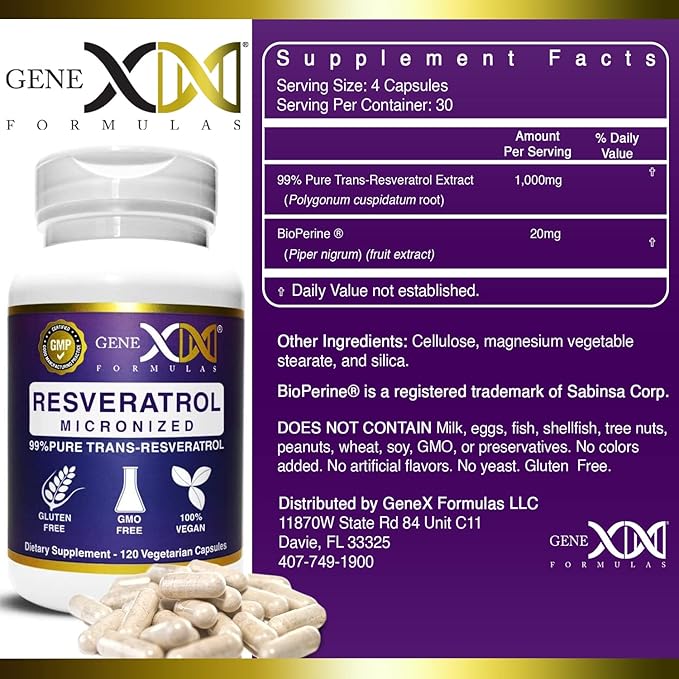 Genex Formulas 99% Micronized Trans-Resveratrol with BioPerine for Absorption 1000mg | Pure Organic Pharmaceutical Grade Trans-Resveratrol Capsules for Healthy Aging 120 Capsules (3)