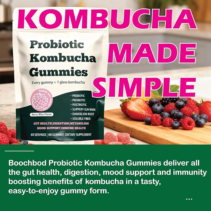 Probiotic Kombucha Gummy - Prebiotics + Probiotics + Postbiotics | Contains MCT Oil elm bark Dandelion Root and Fiber | Promotes Gut Health | 60 Capsules