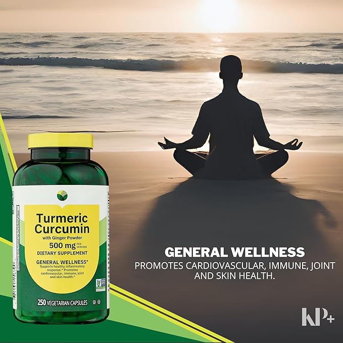 KP+ Turmeric Curcumin with Ginger Powder 500 mg | 250 Veg Capsules | Pack of 1