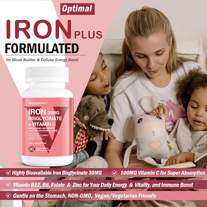 Vegan Iron Gummies Strawberry Plus Iron Bisglycinate 30MG | Vegan Iron Supplement Support for Blood Healthy &amp Daily Energy for Adults &amp Kids - 90 Count+60 Count