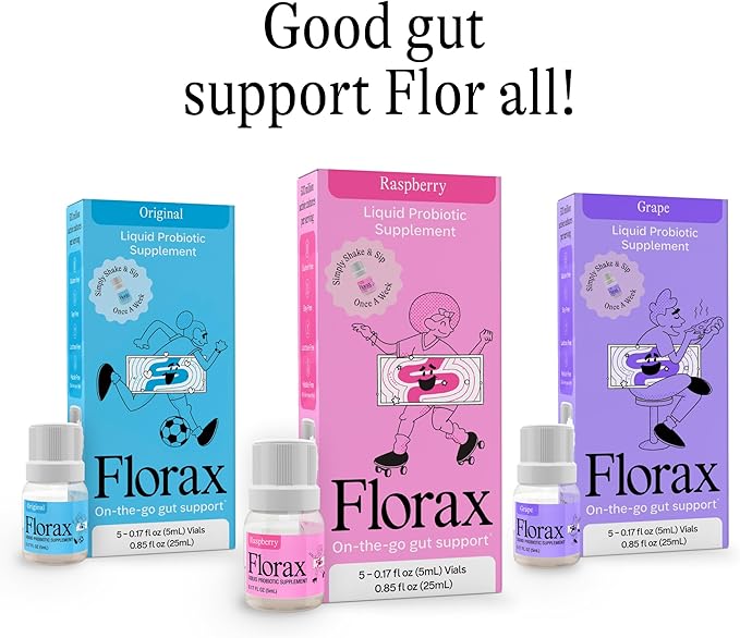 Florax - Liquid Probiotic - On-The-go Gut Support for Women Men and Children - Vegan Gluten Free Lactose Free Soy Free and Preservative Free - Raspberry Flavor - 5 Vials