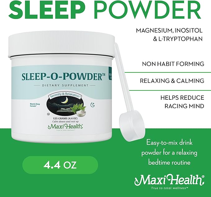 Maxi Health - Sleep Powder with Magnesium Inositol &amp L-Tryptophan - Zero Melatonin Non Habit Forming Sleep Aid - Easy Drink Mix Relaxing Sleep Drink Supplement for Bedtime 4.4 Oz Sleep-O-Powder