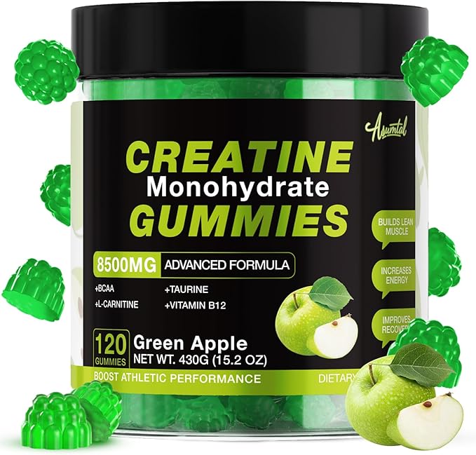 Creatine Monohydrate Gummies 8500MG for Men &amp Women - Creatine Gummies Sugar Free Pre Workout Promote Muscle Growth Boost Strength &amp Energy 120 Count Green Apple