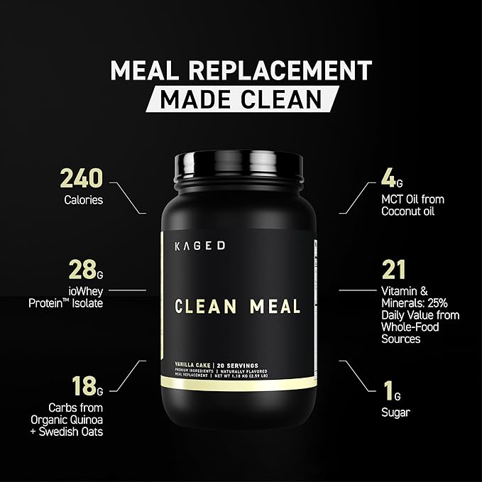 Kaged Clean Meal Powder | Vanilla Cake | Meal Replacement Shake | Whey Protein Isolate | Clean Carbs MCT Oil Fats Organic Vitamins and Minerals | Supplements for Men &amp Women | 20 Servings