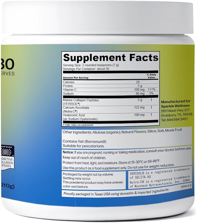 Sparkle Wellness Marine-derived VERISOL Bioactive Hydrolyzed Collagen Peptides | Collagen Powder Supplement with Vitamin C &amp Hyaluronic Acid | Marine Skin Boost Plus (Vanilla) [30-Serves]