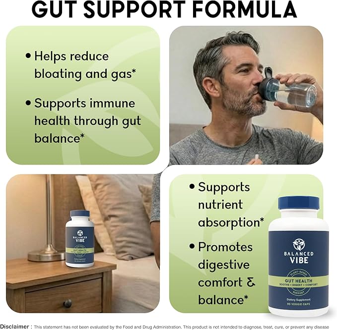 Balanced Vibe Gut Health Supplement – Digestive Comfort &amp Gut Support for Better Nutrient Absorption – Plant-Based with L-Glutamine and Triphala – Vegan 90 Capsules