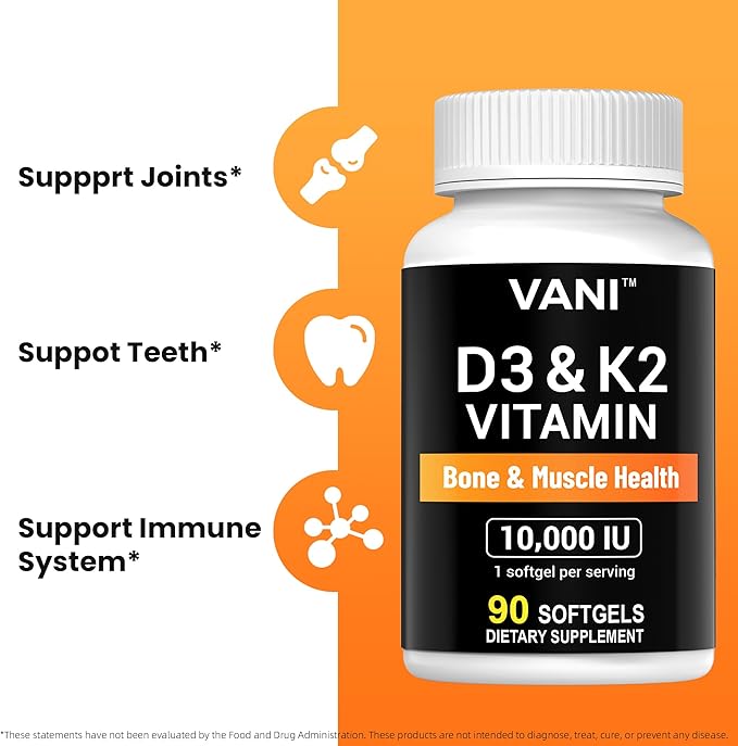 VANI (10000 IU) D3 + K2 Vitamins 2-in-1 Complex Vitamin D3 K2 Supplement Support Bone &amp Muscle &amp Teeth Health 90 SOFTGELS