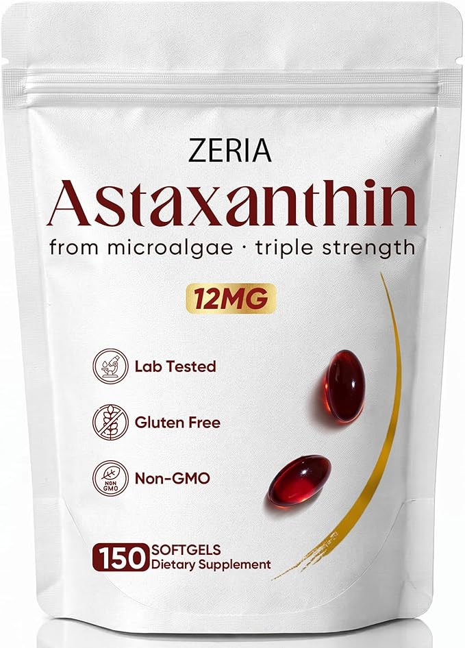 Zeria Astaxanthin 12mg Natural Microalgae Antioxidant Supplements Helps Protect Cells from Oxidative Stress Skin Firmness &amp Elasticity Promotes Healthy Skin and Eyes 150 Softgels
