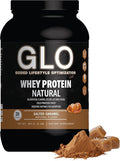 GLO Health Foods Cold-Processed Whey Protein - Salted Caramel Flavor - 24g Protein per Serving - Whey with Digestive Enzymes &amp BCAAs - Supports Muscle Growth Strength &amp Recovery - 2 LB (28 Se