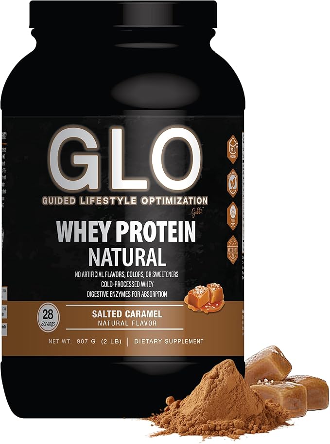 GLO Health Foods Cold-Processed Whey Protein - Salted Caramel Flavor - 24g Protein per Serving - Whey with Digestive Enzymes &amp BCAAs - Supports Muscle Growth Strength &amp Recovery - 2 LB (28 Se