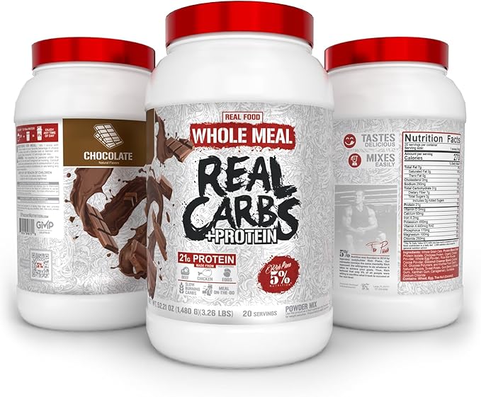 5% Nutrition Rich Piana Real Carbs + Protein | Clean Mass Gainer Meal Replacement Protein Powder | Carbohydrate for Pre Workout/Post-Workout Recovery Meal | 3 lb 20 Srvgs (Chocolate)