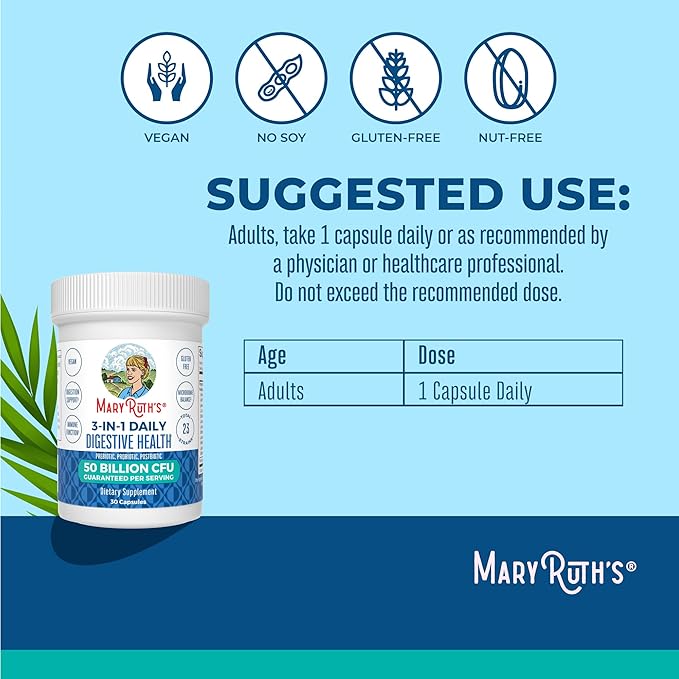 MaryRuth's 3-in-1 Probiotics for Digestive Health | Prebiotic &amp Postbiotic | Gut Health Supplement for Women &amp Men | 23 Unique Strains | Immune Support | 50 Billion CFU | 30 Servings