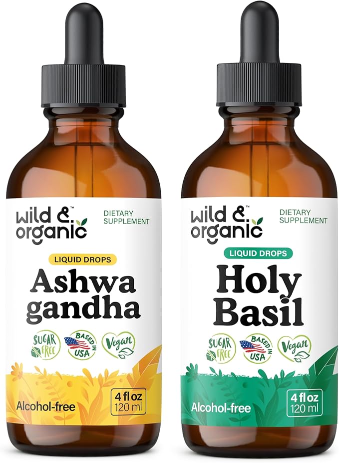 Wild &amp Organic Ashwagandha Tincture 4 fl oz &amp Holy Basil Tincture 4 fl oz