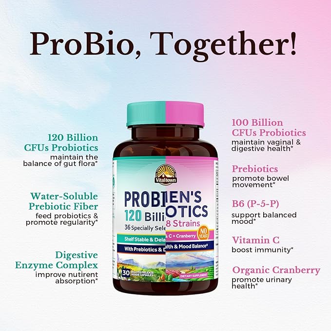 Vitalitown Probiotic Bundle (Pack of 2) | Probiotics 120 Billion CFUs (Item 1) &amp Women’s Probiotics P5P (Item 2) | Shelf Stable | Gut Immune Vaginal &amp Hormone Health