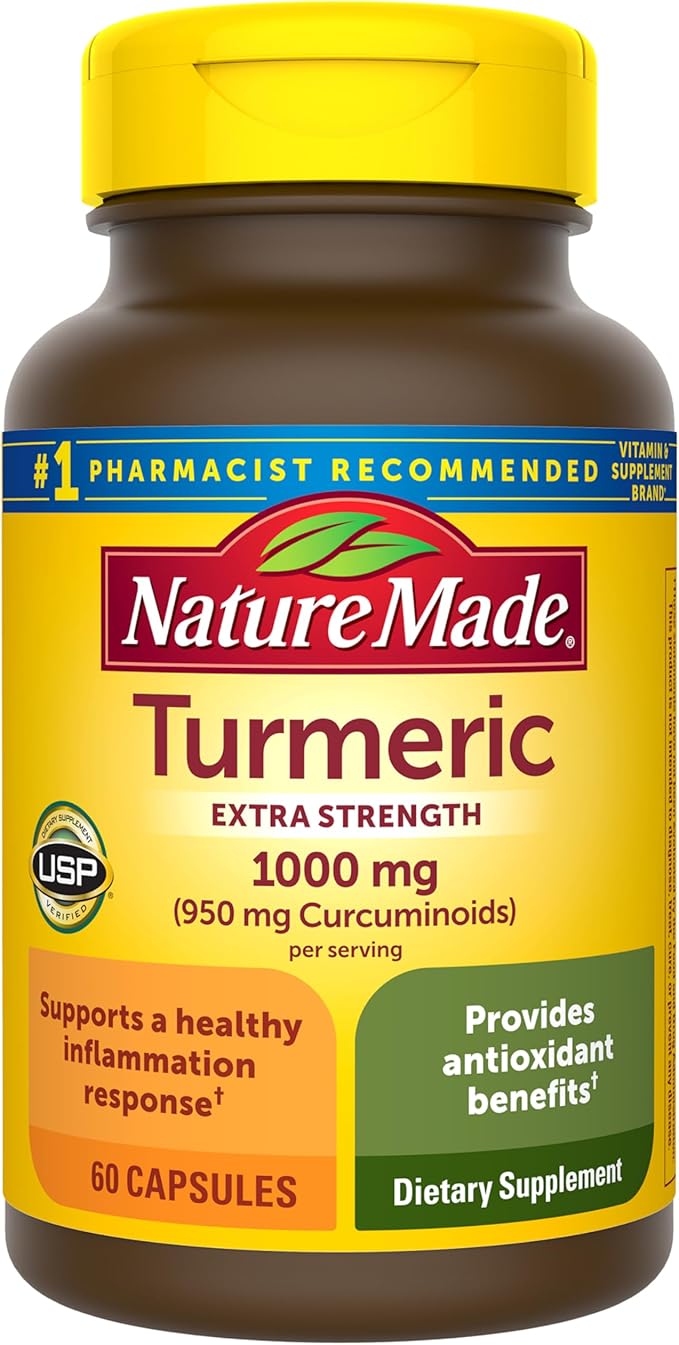 Nature Made Extra Strength Turmeric Curcumin with Black Pepper 1000mg Turmeric Extract per serving (Standardized to 95% Curcuminoids) Supports Healthy Inflammation Response 60 Vegetarian Capsules